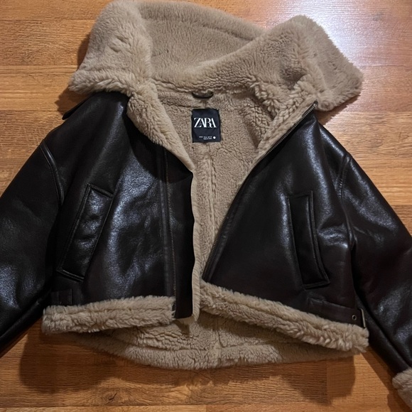 Zara Double-Faced Biker Jacket Faux Leather Shearling Fur Cuff Aviator Drop Coat - Picture 1 of 3